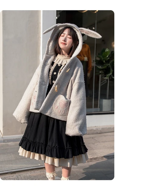 Autumn winter japanese sweet lolita woolen cloak cute rabbit ears bowknot  pockets plus velvet thicken gothic lolita coat cosplay