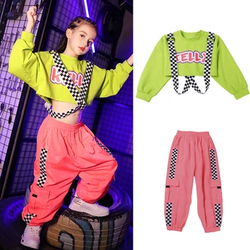 

New Girls Jazz Dance Costumes Children Street Dance Green Tops Pink Pants Kids Hip Hop Dance Performance Stage Costumes DQL3171