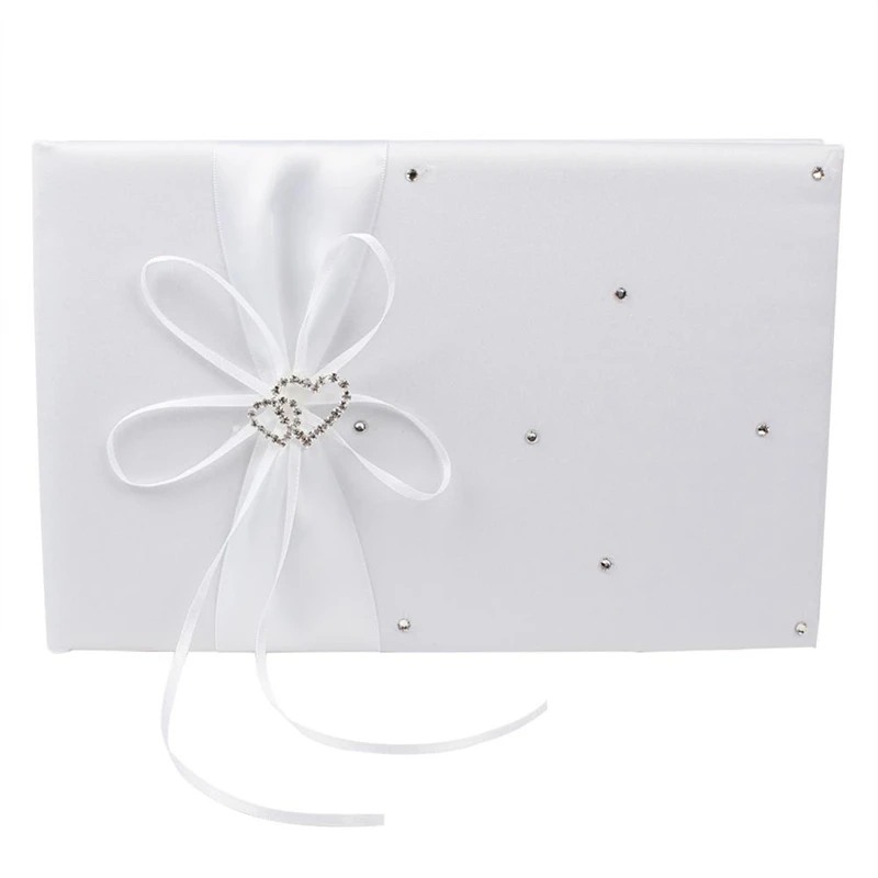 Wedding Guest Attendance Book Pen Holder Sets with Double Heart Bow Diamond Decoration Signature Book Wedding Supplies