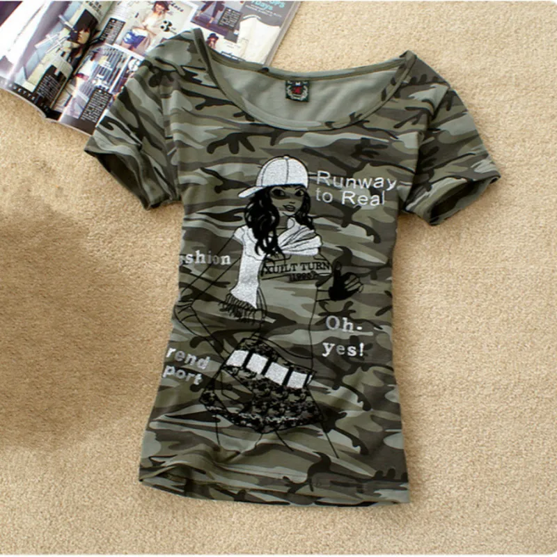 Summer Army Camouflage tshirt Women Letter Crown Printed T shirts ...