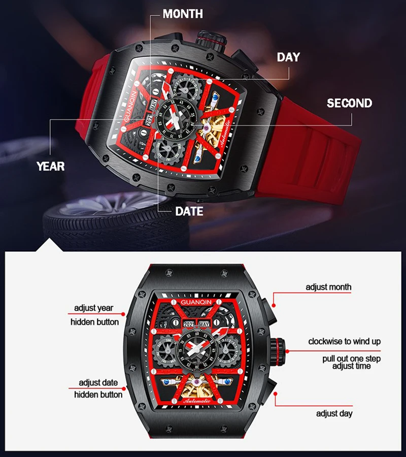 GUANQIN Luxury Automatic Watch Skeleton Skull Watch 2022 Tourbillon design waterproof Day Date Year Month Display Rubber Strap