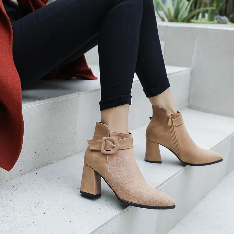 

2018 Autumn Winter Apricot Suede Block Hoof Hih Heels Ankle Boot Women Ladies Shoes Buckle Fashion Short Ridin Boots