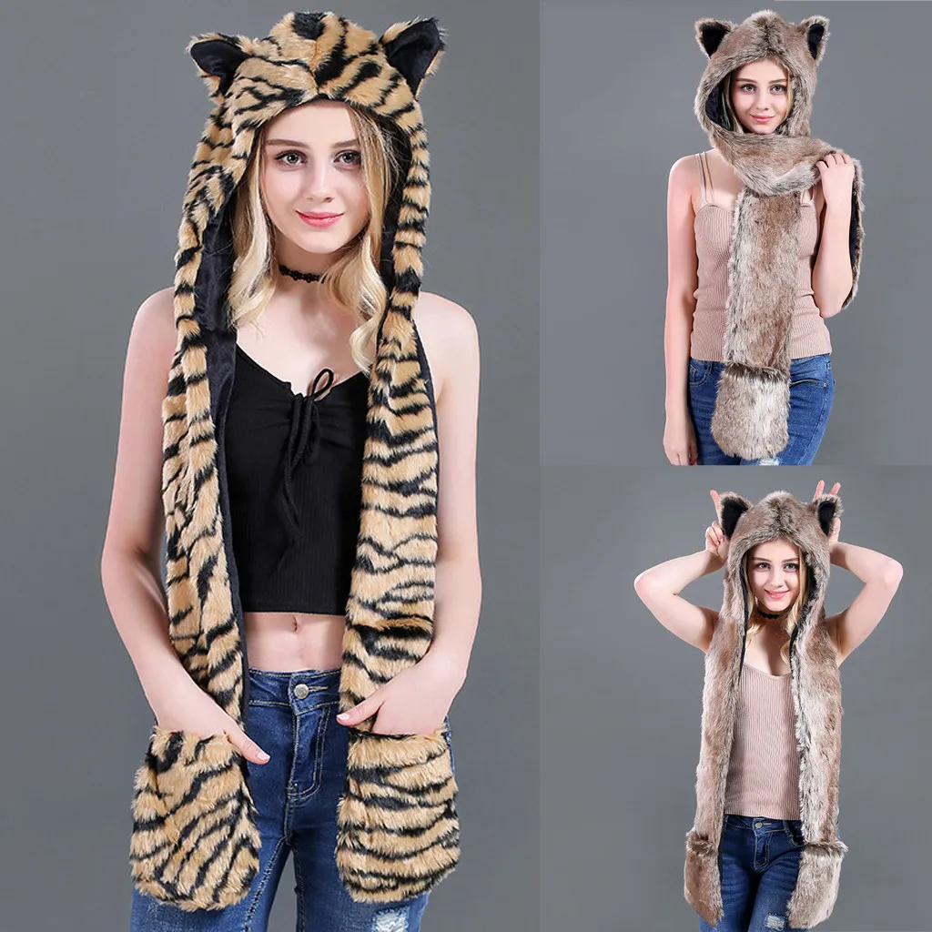 

Winter Hats Women Fashion Cute Warm Sombreros Multifunction Scarf Outerwear Gloves Faux Fur Animal Ear Hat шапка женская 2019