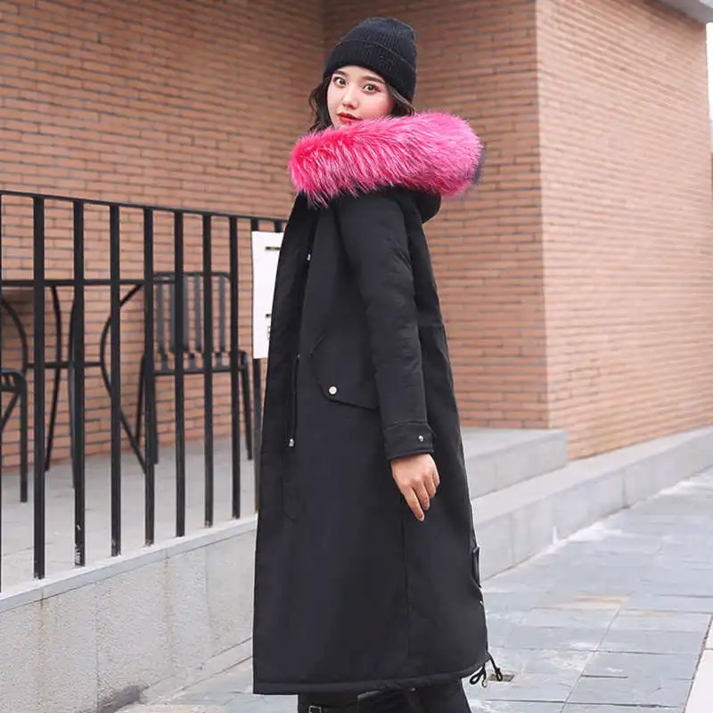 Плюс Размеры теплые-30 градусов, одежда для снежной погоды Длинные парки зимняя куртка Для женщин с оторочкой капюшона из искусственного меховой воротник Меховая подкладка зимнее пальто Для женщин C5900