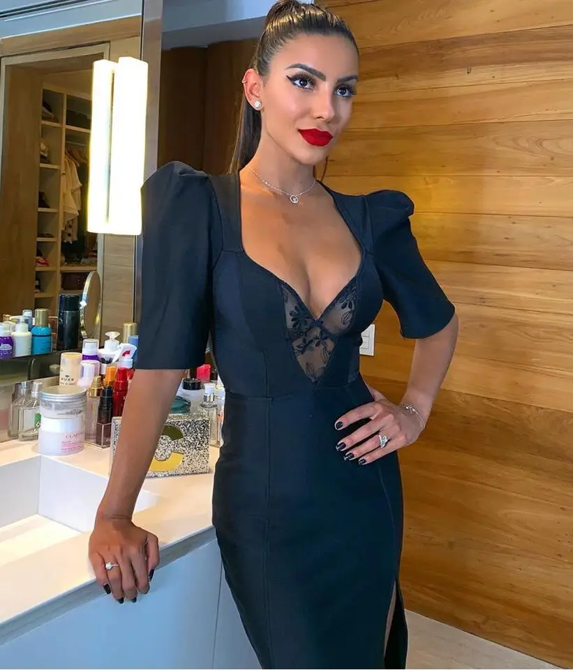 Vestidos, женское сексуальное модное кружевное черное Бандажное платье с коротким рукавом, женские дизайнерские вечерние платья знаменитостей