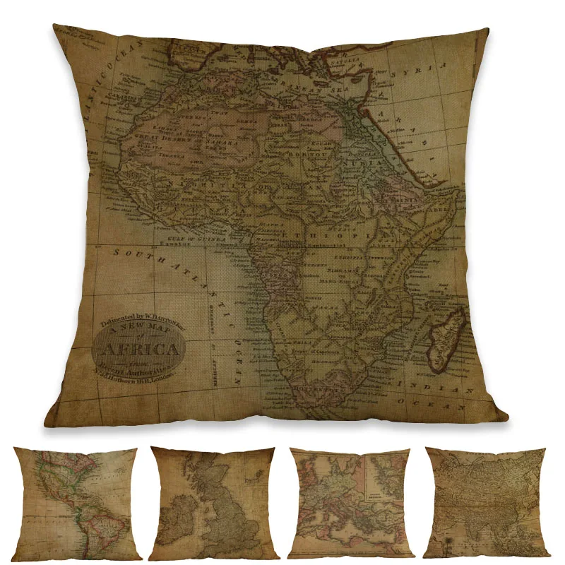 Retro Style Antique Map Ancient World Sepia Maps LInen Throw Pillow Case Home Study Room Sofa Car Decorative Cushion Cover 45x45 | Дом и сад