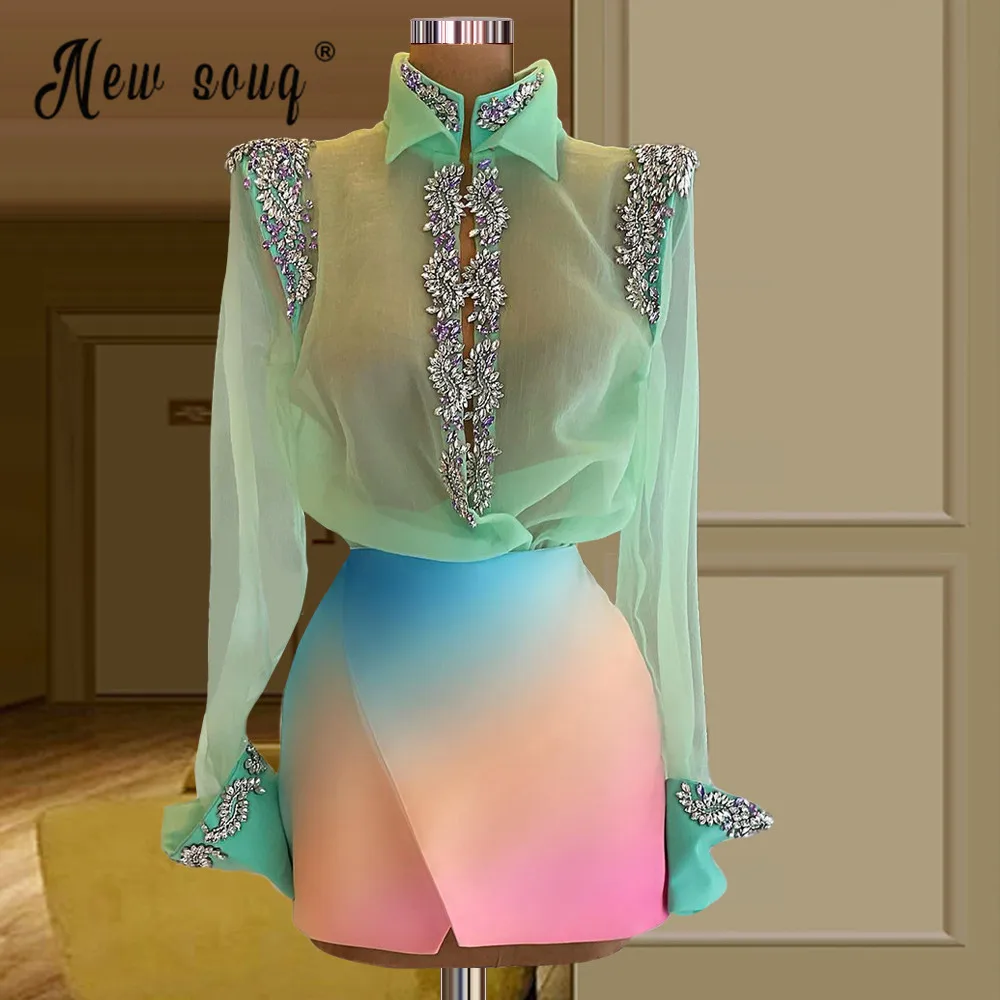 Beading Long Sleeve Tie dye Prom Dress Haute Couture Cocktail Dressws 2 Pieces Celebrity Dresses Formal Prom Gown Real Photos