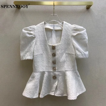 

SPENNEOOY Designer Custom Runway Autumn Women Casual Shirt Tops Ladies Button Ruffle Hem White Short Sleeve Weave Tops 2020
