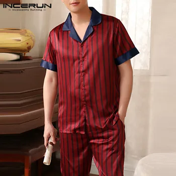 

INCERUN Summer Fashion Striped Men Pajamas Sets Lapel Short Sleeve Sleepwear Soft Shorts Leisure Cozy Men Homewear Pyjamas Sets