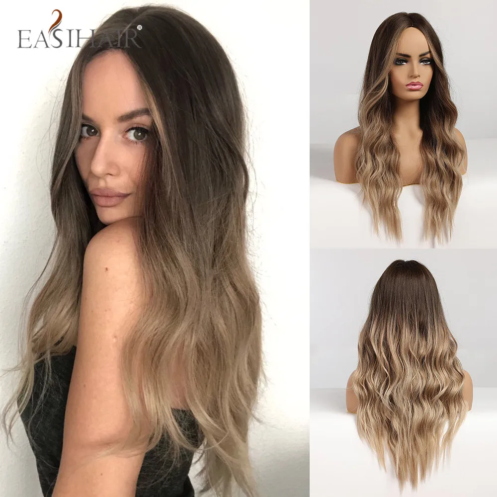 Synthetic Wig Blonde Middle-Part Cosplay Heat-Resistant Body-Wave Brown EASIHAIR Black