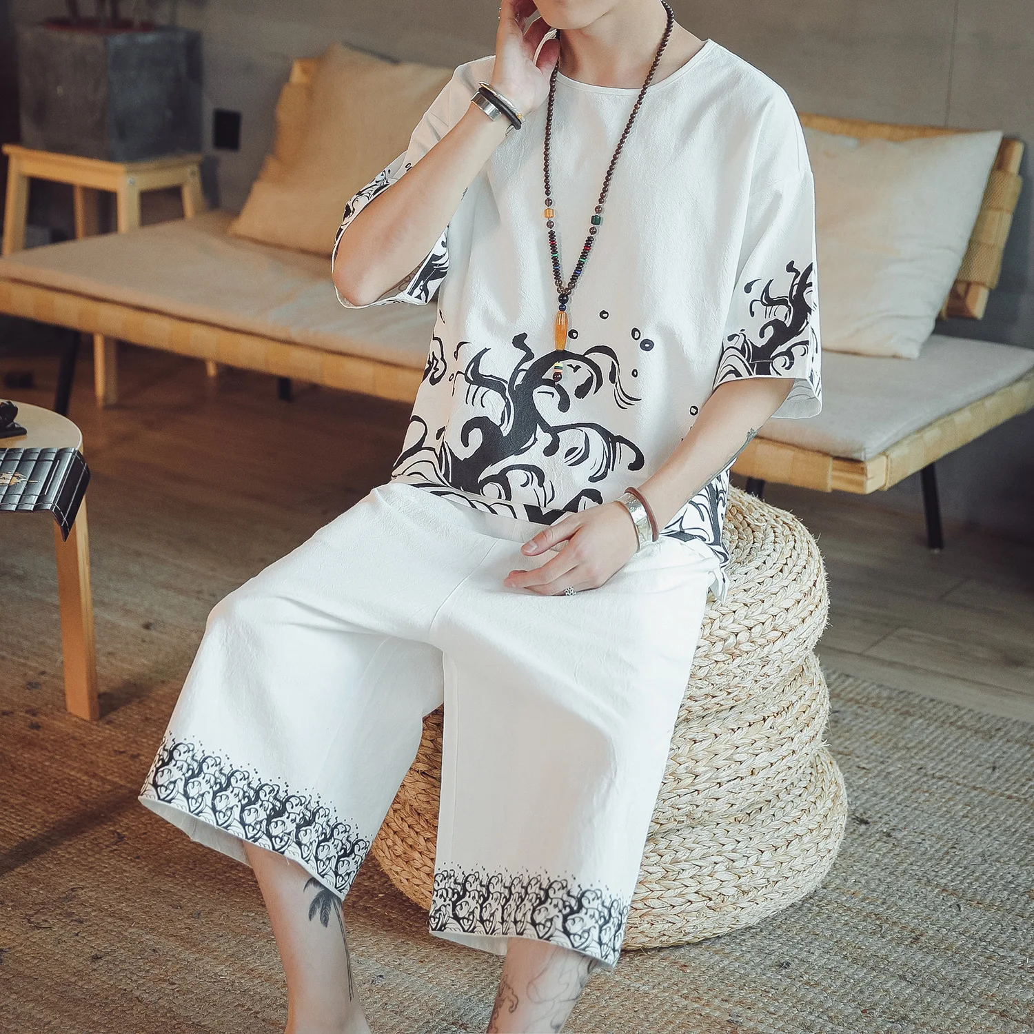 

2019 Chinese-style Summer Men's Cotton Linen Creative Pattern Printed Thin Summer Youth Loose Short Sleeve T-shirt Two-Piece Set