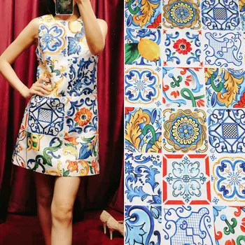 

sicilian checked brocade jacquard fabric patchwork colorful mojolica print polyester jacquard fabric for women dress DIY sewing