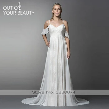 

Wedding Dress 2020 New V-neck Sexy White sleeveless Spaghetti Straps Dress 50cm Tail Empire Ruffles Pleat Pattern Bridal Gown