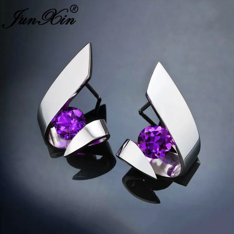 Irregular Purple Blue White Yellow Crystal Geometric Stud Earrings For Women 925 Silver Color Round Zircon Stone Earring Jewelry - Metal Color: Purple Earrings