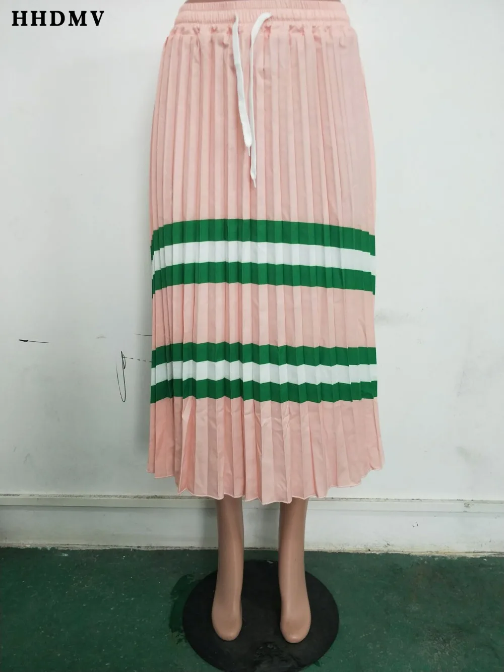 HHDMV GLSD18313 fashion elegant high street girl style long skirt high waist elastic simple striped pleated ankle-length skirt
