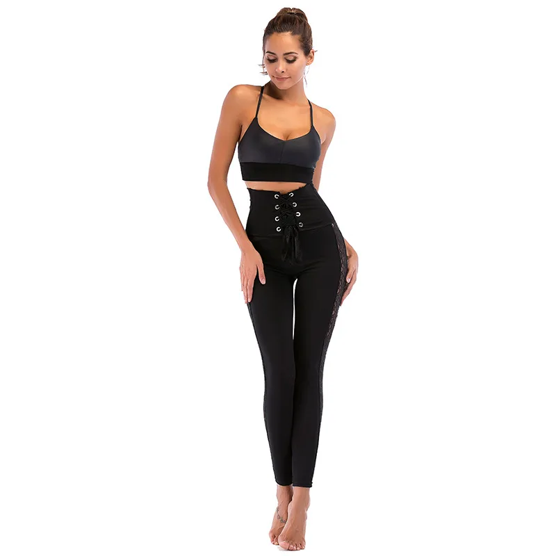 

Beauty luo shi Spring And Autumn Side Lace Joint Yoga Pants High-waisted Clavus Lace-up Tight Corset Tight Leggings
