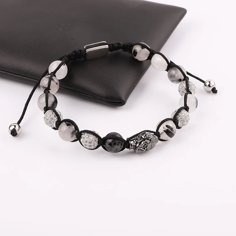 New Design Natural Quartz Stone CZ Pave Charm Buddha Friendship Macrame Adjustable Bracelet Men Women