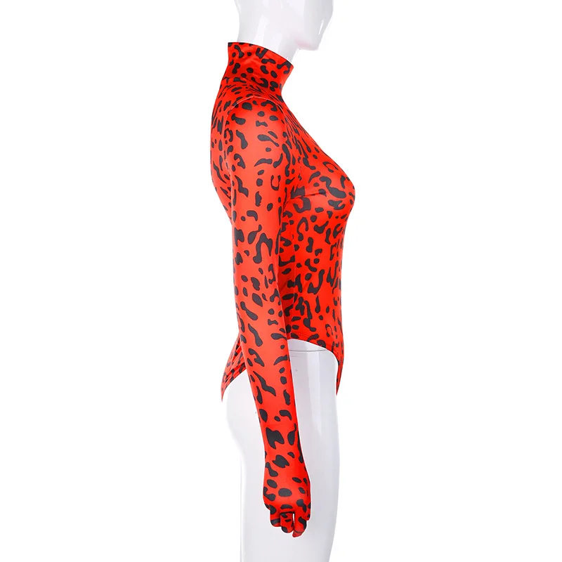 Shestyle с высоким, плотно облегающим шею воротником перчатки красные леопардовые трико Для женщин дикий пикантные узкие Модный с животным принтом боди костюмы для подвижных игр Повседневное