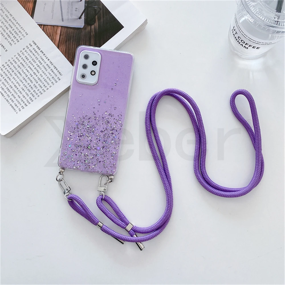 Crossbody Lanyard Strap Glitter Cell Phone Case with Silicone Cover