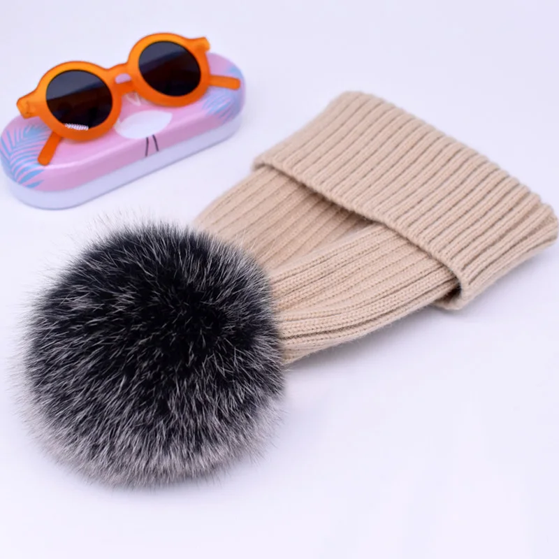 beige fox fur 2 Новинка, зимняя шапка, роскошные качественные шапки с меховым помпоном, шапка высокого качества для девочек, женские зимние шапки - Цвет: beige fox fur 2