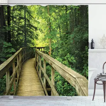 

Nature Shower Curtain, Park Summertime Scenic View Environment Ecology Nature Holidays Adventure Scene, Cloth Fabric Bathroom