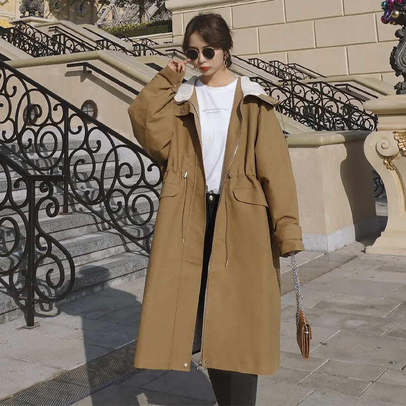 

LANMREM 2020 New Spring Women Long Hooded Trench Coat Korea Temperament Drawstring Loose Coat Office Lady Wild Tops Tide PD486