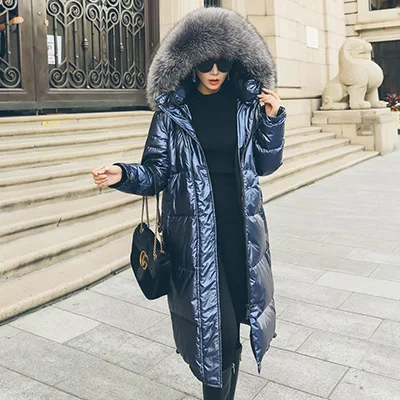 Blue Gray Fur Пуховик женщина зима ГОРЯЧЕЕ Яркое лицо сбольшим меховым воротником капюшоном Теплый свободный длинный белый пуховик - Цвет: Blue Gray Fur