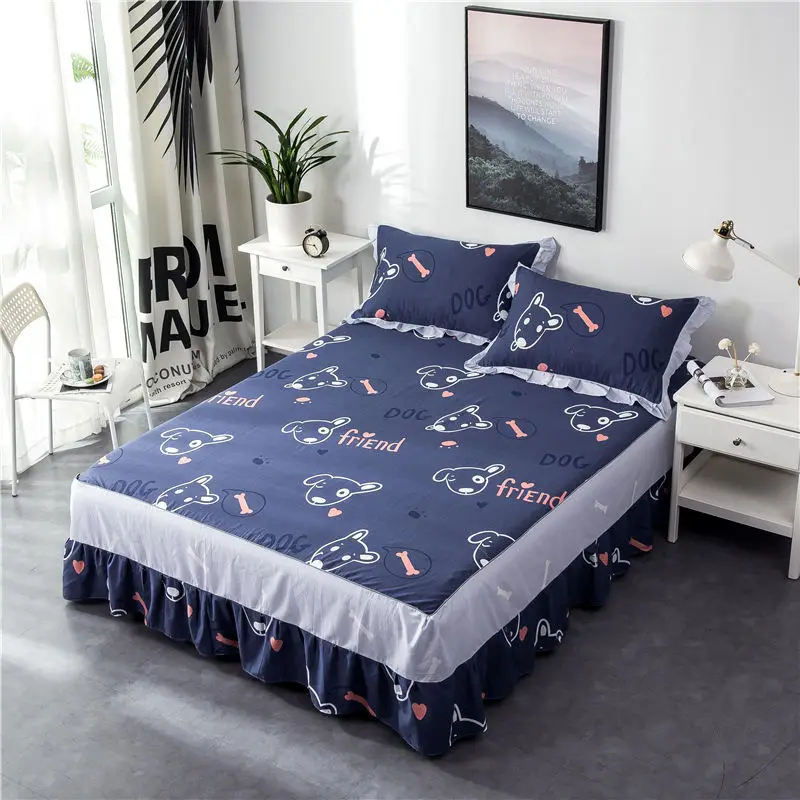 Green and white striped cotton single double bed skirt printed bed cover cartoon sheets bedding set