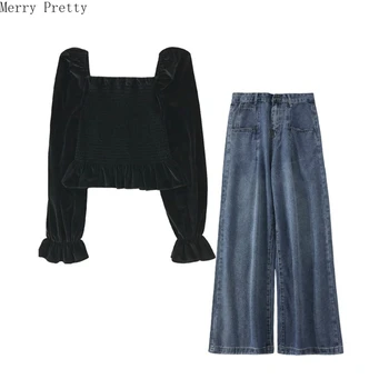 

Women's Sets 2020 Spring Two Piece Flare Sleeve Square Collar Black Cropped Tops And Denim Pants Pockets Wide Leg Jeans Pnats