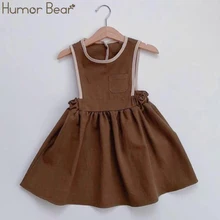 Humor Bear/детская одежда г. Новое весенне-летнее хлопковое и льняное платье-майка без рукавов с карманами в японском и южнокорейском стиле для девочек