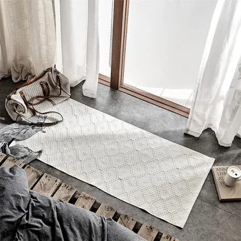 

Simple Solid Hand Woven Cotton Carpet Geometric Pattern Bedroom Rug Bedside Rug Absorb Water Bathroom Mat Doormat Home Decor