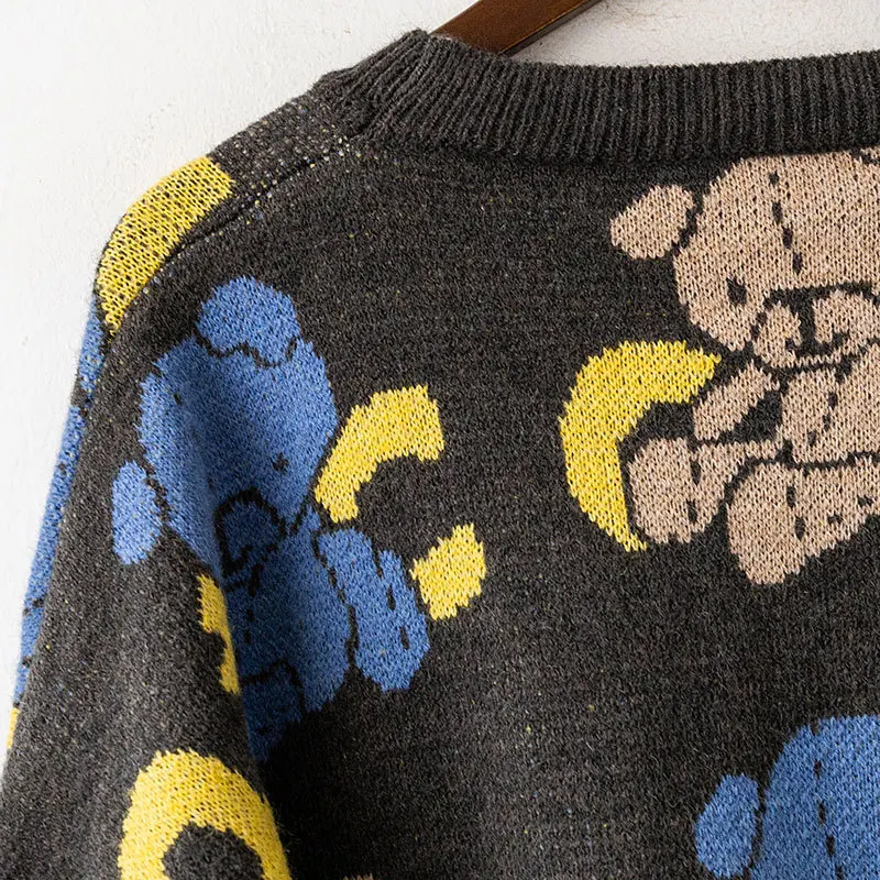 Новое поступление, зимний Черный Повседневный свитер с круглым вырезом и рисунком милого медведя, длинный рукав, женские осенние пуловеры, свитера, трикотаж
