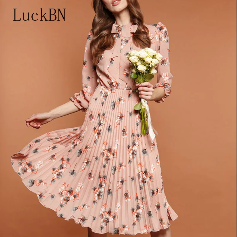 LuckBN Women's Clothing Dress Black Flower Print A-line Autumn Dress Elegant New Fashion Party Vestidos Casual Dresses Female