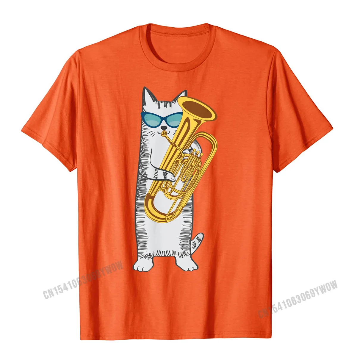 Faddish Men's T-shirts Crew Neck Short Sleeve 100% Cotton Casual T Shirt Crazy T-Shirt Free Shipping Tuba Cat Wearing Retro Sunglasses For Low Brass Players T-Shirt__122 orange