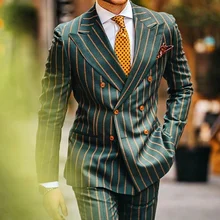Men Blazer Slim Fit 2021 Spring Autumn British Style Casual Striped Digging Bag Green Side Slit Hem Blazer Men Clothing