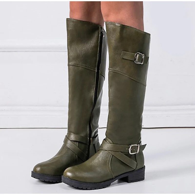 Autumn Shoes Women Knee High Boots Female Buckle Strap Platform Black PU Low Heels Motorcycle Boots Zip Ladies Classic Footwear
