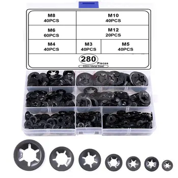 

280Pcs/set Push Nut Quicklock Starlock Star Lock Washer Assortment Quenching Speed Flat Shaft Fastener Hardware Gasket 7 Sizes