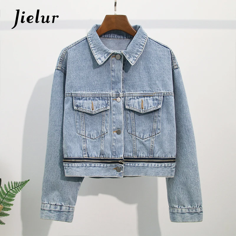 

Jielur 2019 Autumn New Denim Jacket Women Korean Version Loose Button Zippers Pockets Short Coat Wild Casual Female Jacket Top