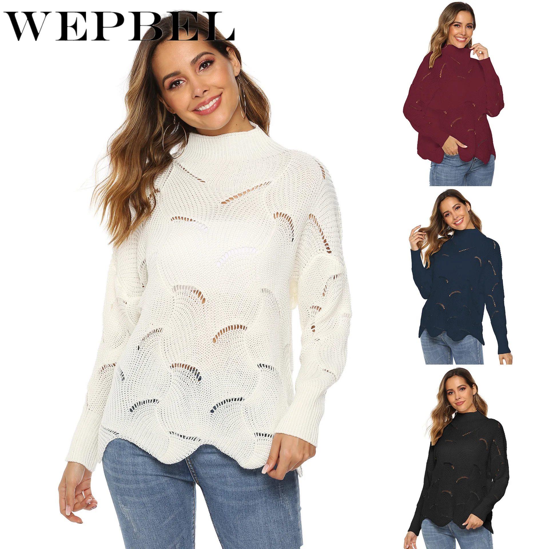 

WEPBEL Women Loose Sweater Causal Soft Long Sleeve Hollow Out Pullovers Fashion Knit Turtleneck Wave Hem Solid Female Sweaters