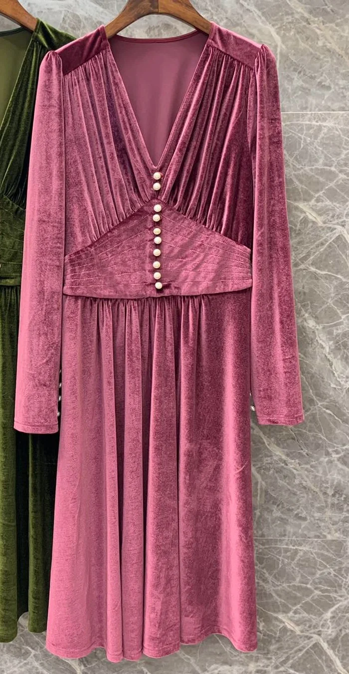 pink Бархатное платье осень-зима, вечерние винтажные платья для женщин, v-образный вырез, вышивка бисером, пуговицы, деко, длинный рукав, до середины икры, розовое, зеленое платье - Цвет: pink