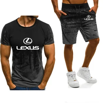 

Men's short sleeve for Lexus Car Logo Printed Summer Gradient High Quality Cotton Mens Suit T-Shirt+Pants Suit 2Pcs Q