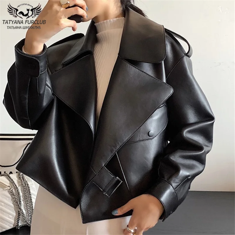 

2020 New Fashion Women Genuine Sheepskin Leather Coat Oversize Motorcycle Real Leather jacket Big Lapel Collar Woman Overcoats