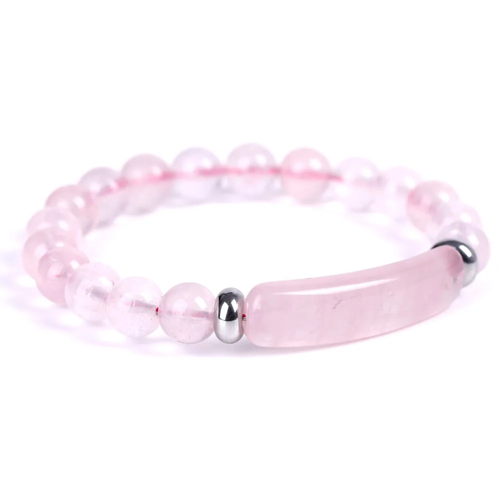 Rose Quartz Натуральный Камень Strand браслет 8 мм Рейки Исцеление розовый кварц авантюрин Агаты Роза Кристалл Прямоугольник Бар Шарм из бисера браслеты - Окраска металла: Rose Quartz