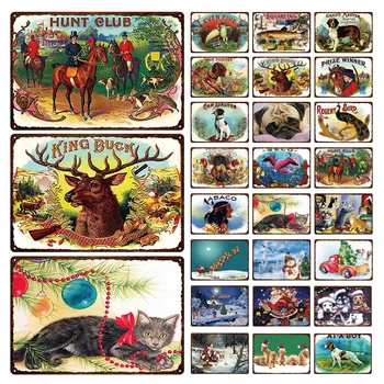 

Holiday Celebration Retro Decor Card With Cute Cats&dogs Wearing Christmas Hats Plaque Tin Painted Metal Fade-resistant Tin Sign