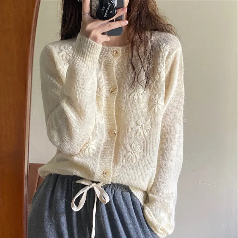Women Sweater Knitted O Neck Crew Cardigan Button Flower Embroidery Outwear Autumn Mohair Cardigans |