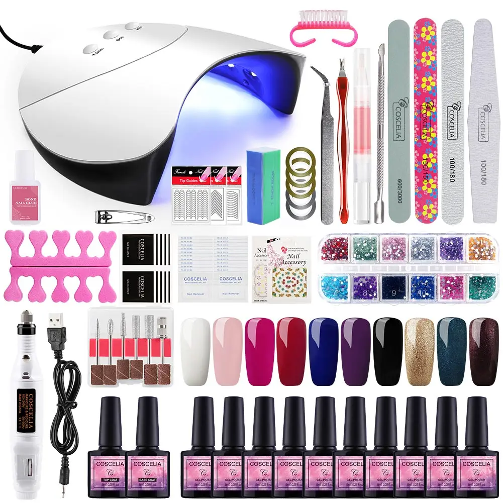 Kit 4 and nail drill COSCELIA 36 Вт Светодиодный лак для ногтей сушилка лампа для дизайна ногтей Маникюрный Инструмент 10 цветов гель лак для ногтей УФ-набор для маникюра - Цвет: Kit 4 and nail drill