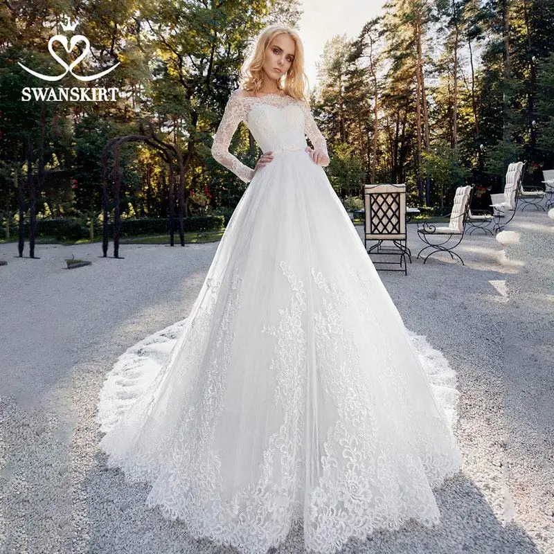 Элегантное кружевное свадебное платье Swanskirt Appliques с рукавом трапециевидной формы со шлейфом для невесты vestido de noiva FY11 - Цвет: Слоновая кость