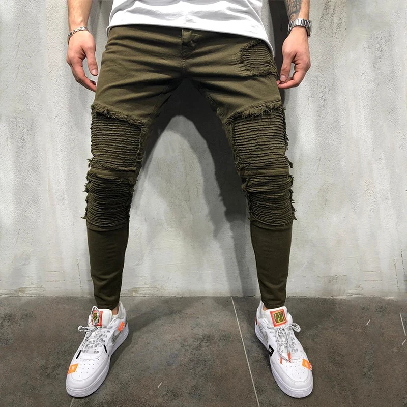 Kaufen OLOME Armee Grün Plissee Dünne Jeans Männer Stretch Moto Biker Jeans Bleistift Hosen Herren Denim Jogger Streetwear Jeans für Männer