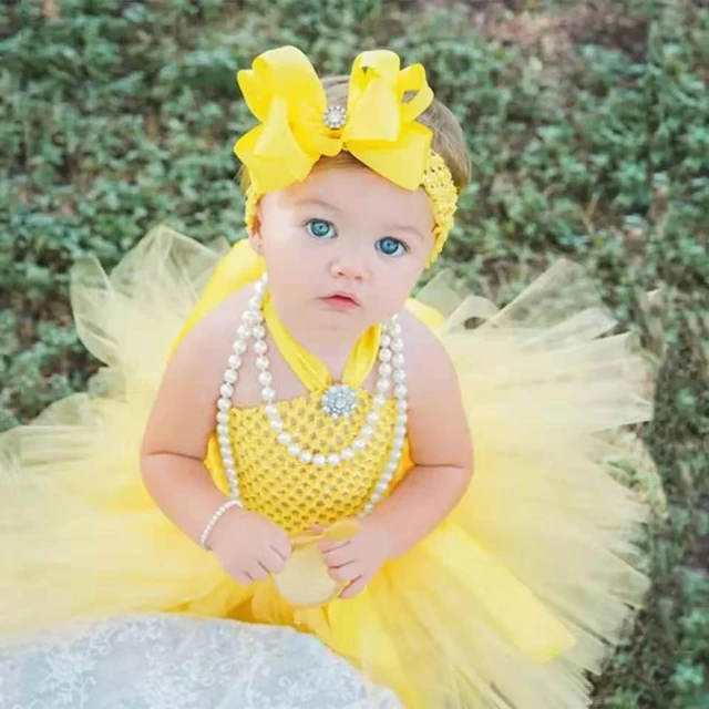 Vestido de tutú amarillo para bebé, vestido de tul de ganchillo con lazo para el pelo, traje fiesta de cumpleaños para fotografía -