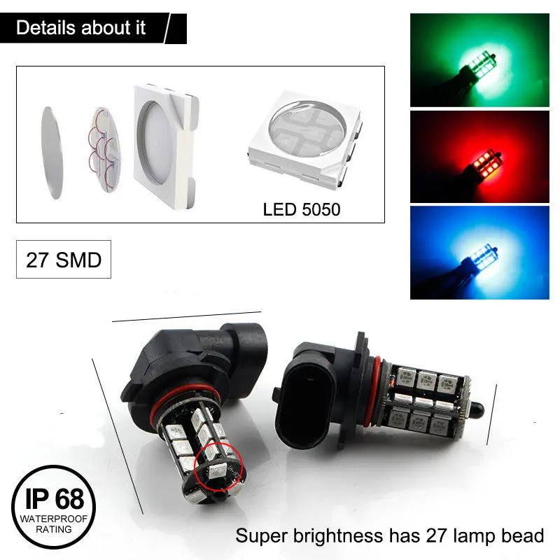 2 шт. автомобильный головной светильник светодиодный H8 H9 H11 5050 27SMD RGB автомобильный противотуманный светильник+ пульт дистанционного управления 3400LM автомобильный Дневной светильник s